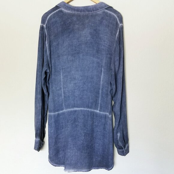 Bella Dahl Blue Distressed Split Side Longline Tunic Button Down Shirt Top L USA - Picture 3 of 15
